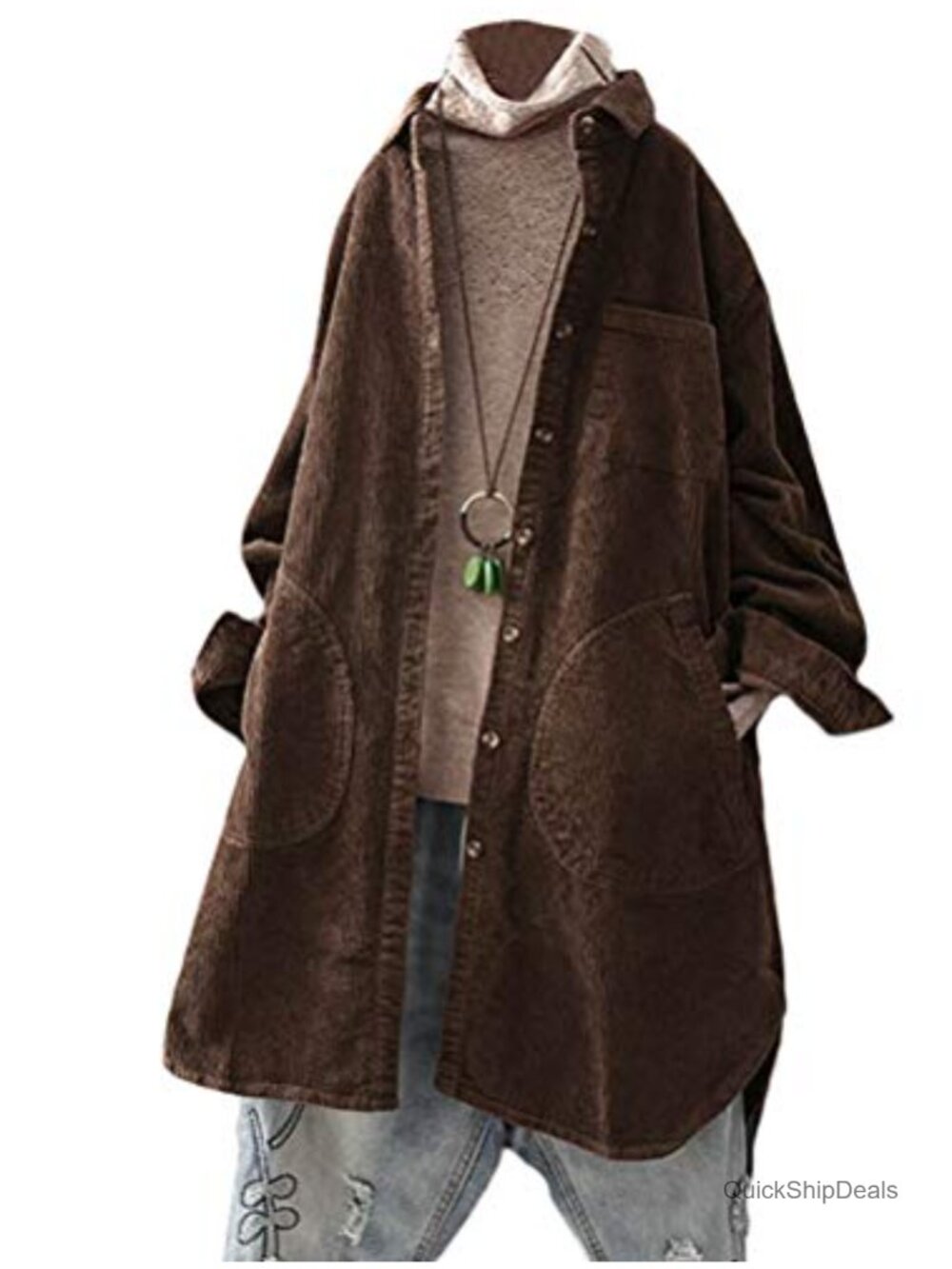 Women's Corduroy Button Down Shirt Coat Long Sleeve Loose Fit Blouse with